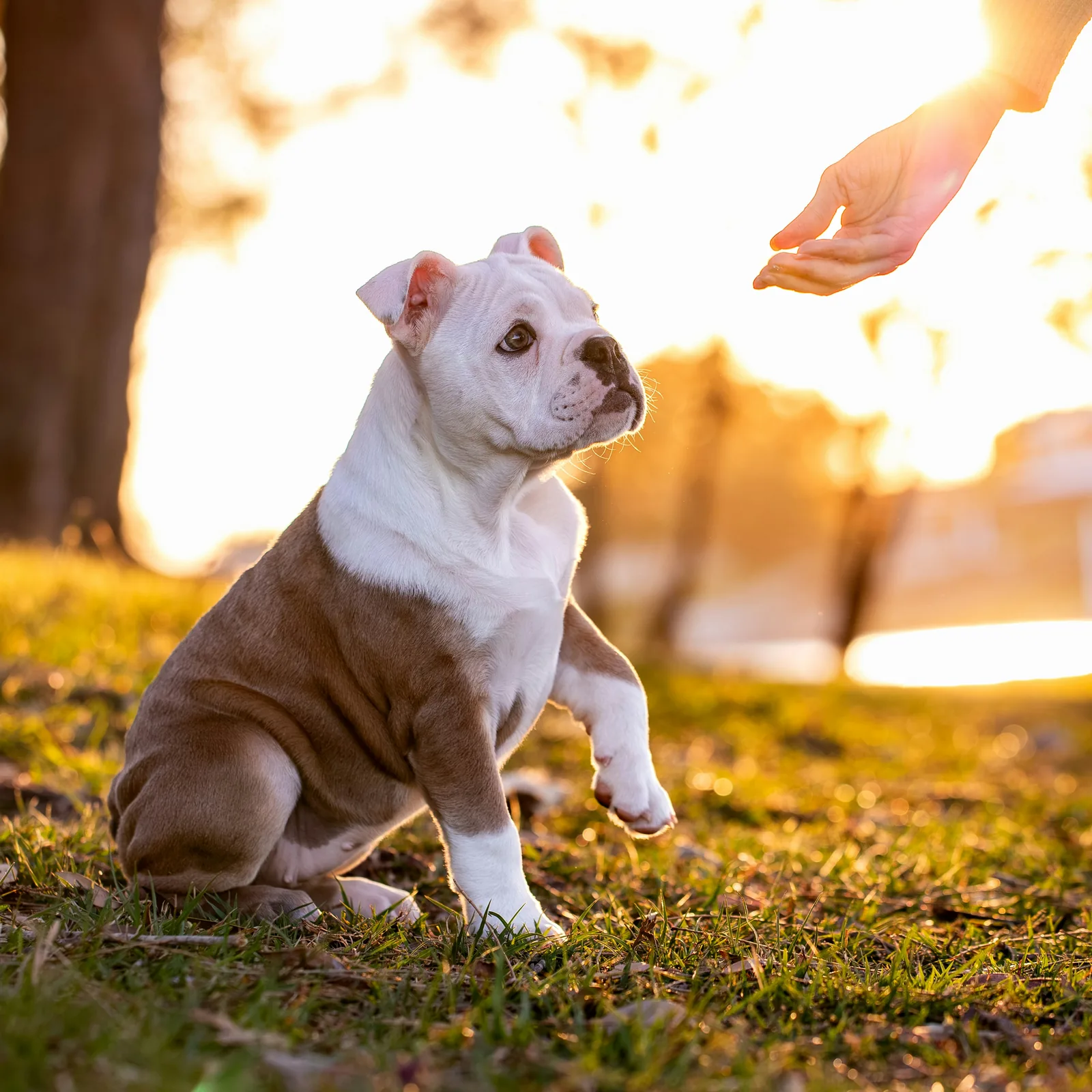 An English bulldog puppy sitting on the grass at sunset and reaching a paw toward an open hand, the first step of puppy training