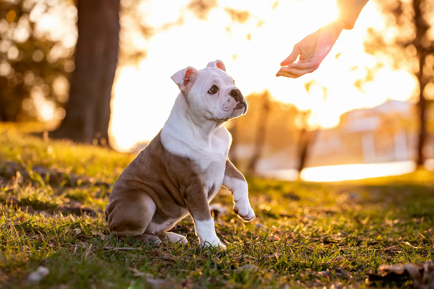 An English bulldog puppy reaching for an open hand at sunset, the hand-to-mouth moment puppy biting training is about